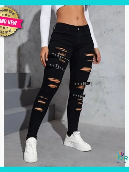 Ripped Distressed High Waist Skinny Jeans Stretch Denim Y2K Chic - Picture 4 of 5